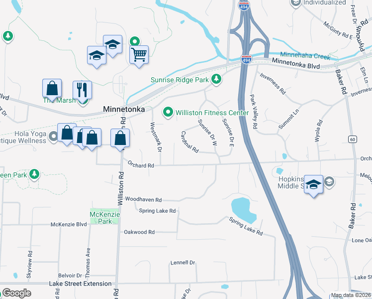 map of restaurants, bars, coffee shops, grocery stores, and more near 3704 Cardinal Road in Minnetonka