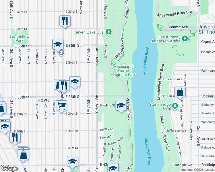 map of restaurants, bars, coffee shops, grocery stores, and more near 3712 48th Avenue South in Minneapolis