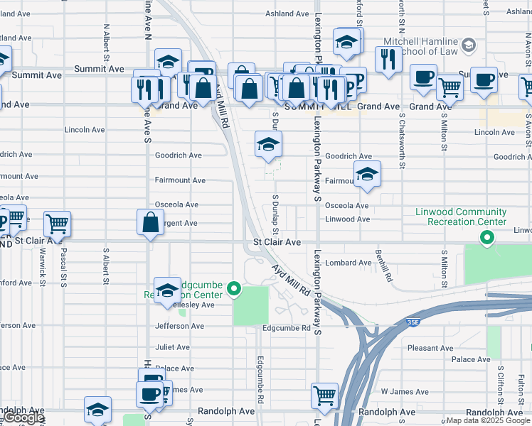 map of restaurants, bars, coffee shops, grocery stores, and more near 195 South Dunlap Street in Saint Paul