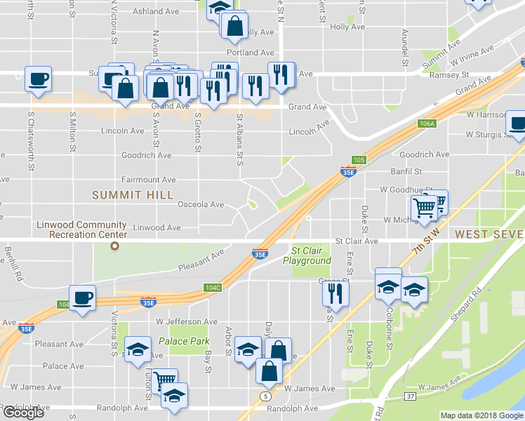 map of restaurants, bars, coffee shops, grocery stores, and more near 36 Kenwood Parkway in Saint Paul