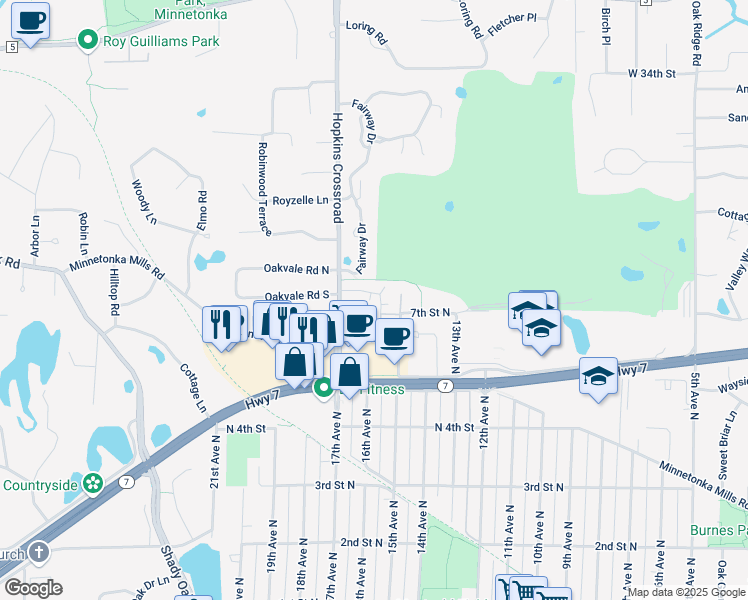 map of restaurants, bars, coffee shops, grocery stores, and more near 722 Robinwood Lane in Hopkins