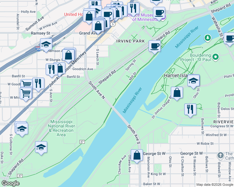 map of restaurants, bars, coffee shops, grocery stores, and more near 200 Wilkin Street in Saint Paul