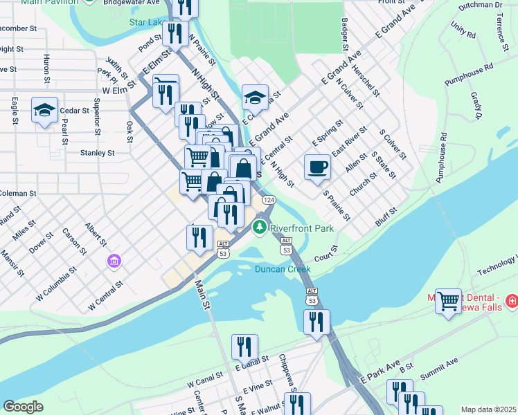 map of restaurants, bars, coffee shops, grocery stores, and more near 119 North Bridge Street in Chippewa Falls