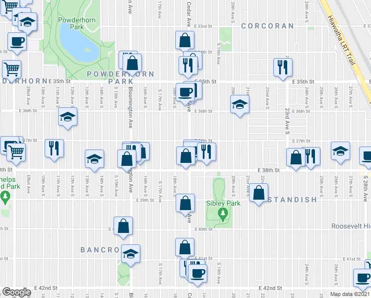 map of restaurants, bars, coffee shops, grocery stores, and more near 3718 Cedar Avenue in Minneapolis