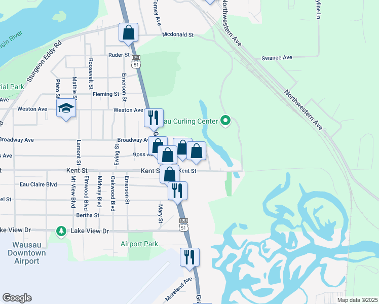 map of restaurants, bars, coffee shops, grocery stores, and more near 214 East Ross Avenue in Wausau