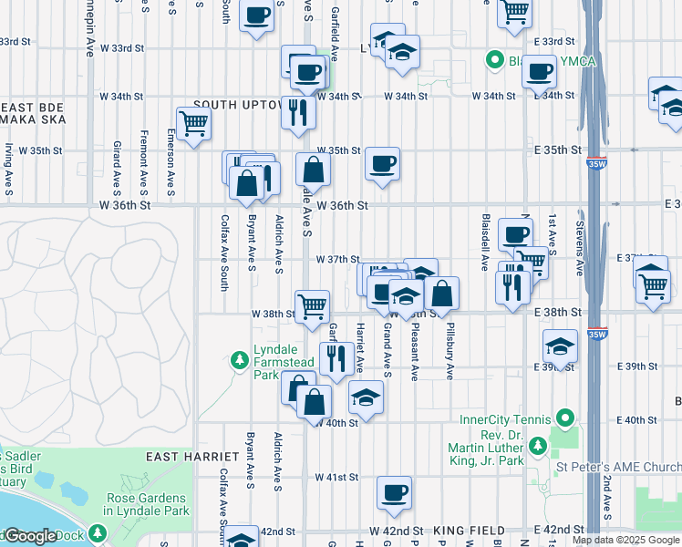 map of restaurants, bars, coffee shops, grocery stores, and more near 3715 Garfield Ave in Minneapolis