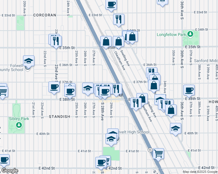map of restaurants, bars, coffee shops, grocery stores, and more near 3712 29th Avenue South in Minneapolis