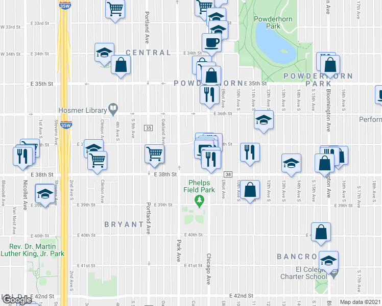map of restaurants, bars, coffee shops, grocery stores, and more near 3712 Columbus Avenue in Minneapolis