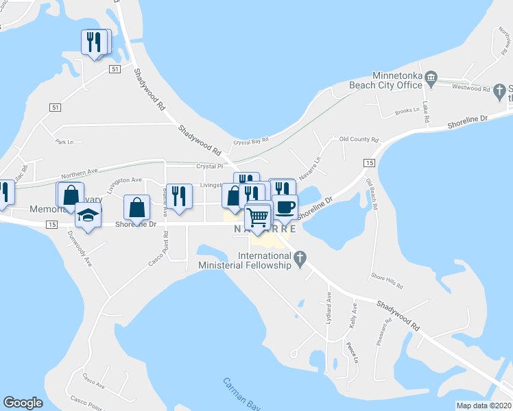 map of restaurants, bars, coffee shops, grocery stores, and more near 2377 Shadywood Road in Wayzata