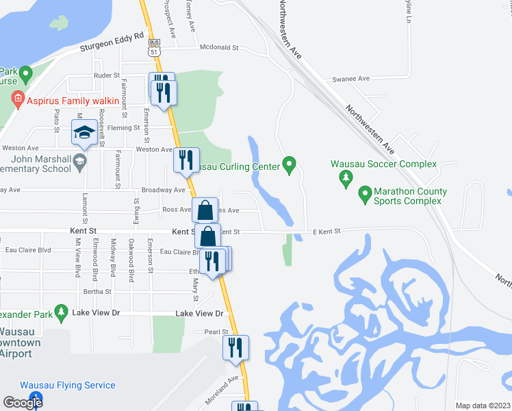 map of restaurants, bars, coffee shops, grocery stores, and more near 236 East Ross Avenue in Wausau