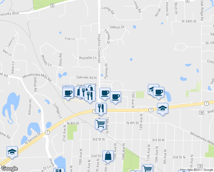 map of restaurants, bars, coffee shops, grocery stores, and more near 722 Robinwood Lane in Hopkins