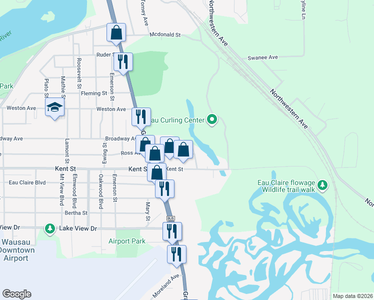 map of restaurants, bars, coffee shops, grocery stores, and more near 236 East Ross Avenue in Wausau