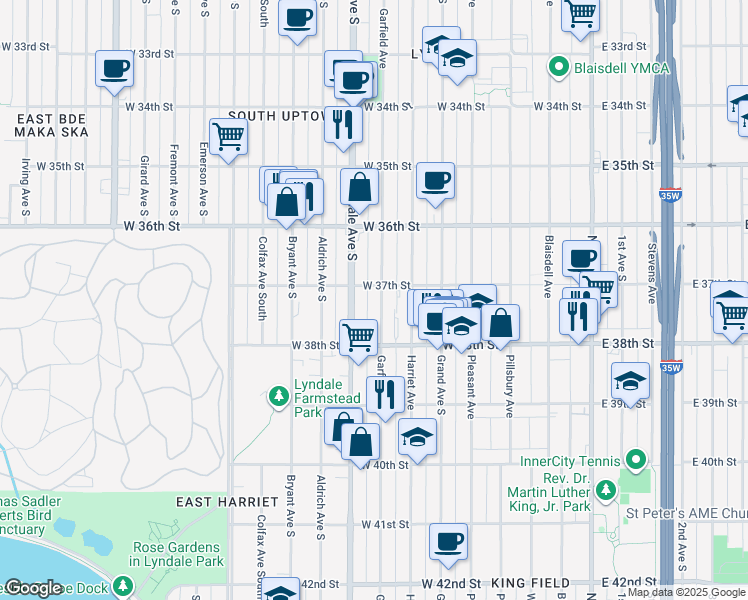 map of restaurants, bars, coffee shops, grocery stores, and more near 3711 Lyndale Avenue South in Minneapolis