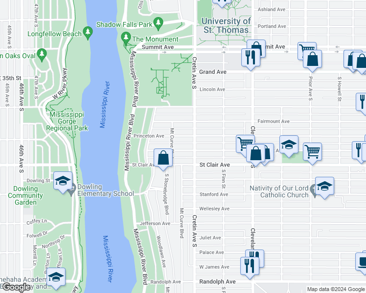 map of restaurants, bars, coffee shops, grocery stores, and more near 2203 Sargent Avenue in Saint Paul