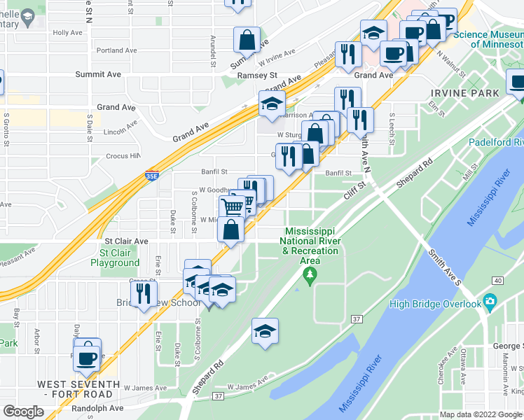 map of restaurants, bars, coffee shops, grocery stores, and more near 603 Minnesota 5 in Saint Paul