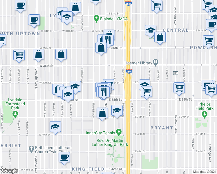 map of restaurants, bars, coffee shops, grocery stores, and more near 3711 Nicollet Avenue in Minneapolis