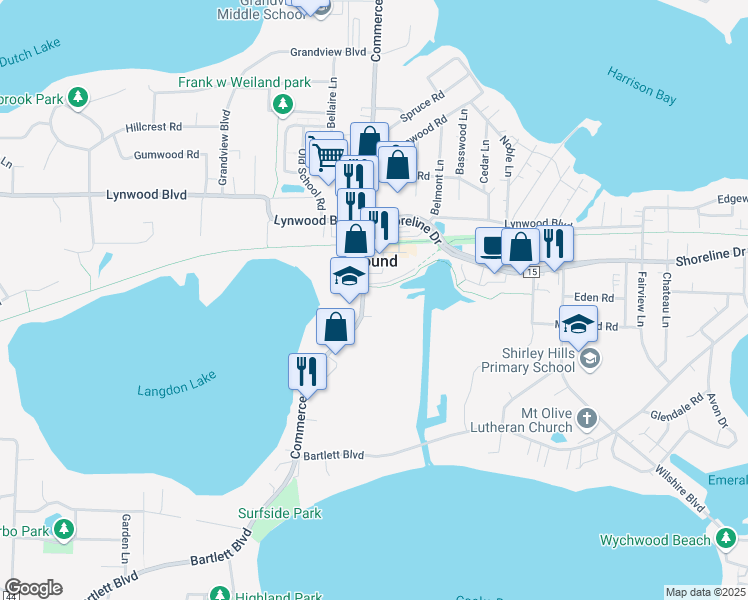 map of restaurants, bars, coffee shops, grocery stores, and more near 2372 Commerce Boulevard in Mound