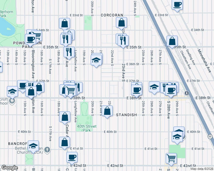 map of restaurants, bars, coffee shops, grocery stores, and more near 3712 22nd Avenue South in Minneapolis