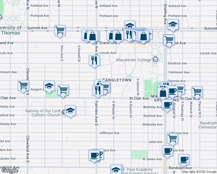 map of restaurants, bars, coffee shops, grocery stores, and more near 197 South Wheeler Street in Saint Paul