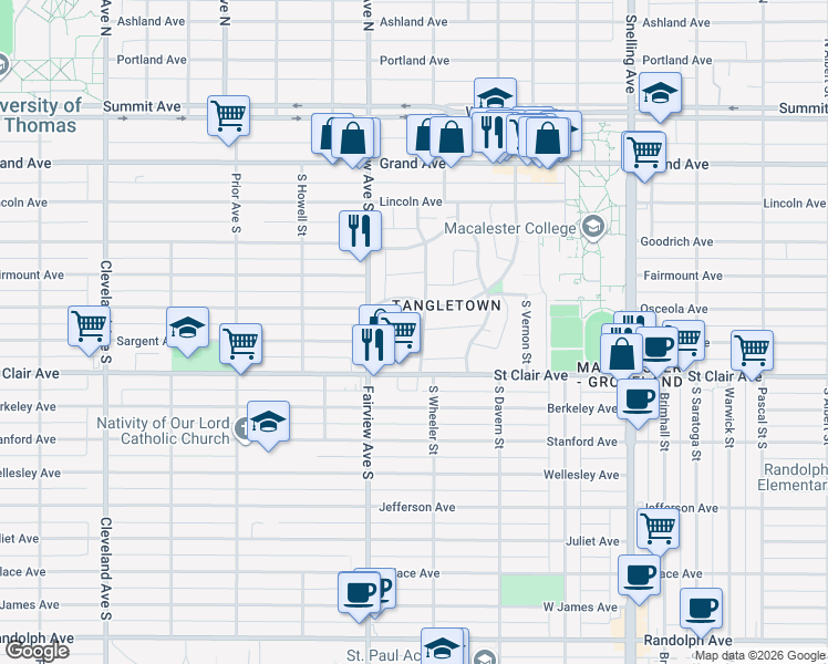 map of restaurants, bars, coffee shops, grocery stores, and more near 197 South Wheeler Street in Saint Paul