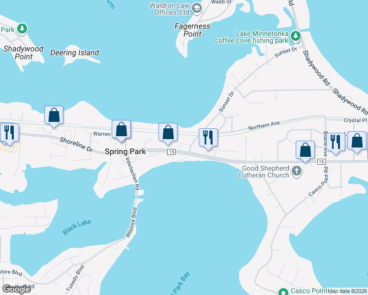 map of restaurants, bars, coffee shops, grocery stores, and more near 4138 Shoreline Drive in Spring Park