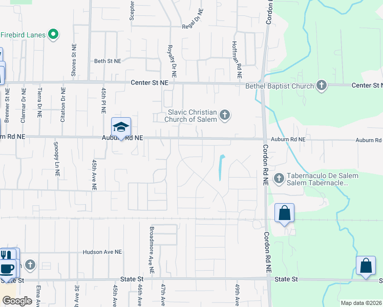 map of restaurants, bars, coffee shops, grocery stores, and more near 4810 Auburn Road Northeast in Salem