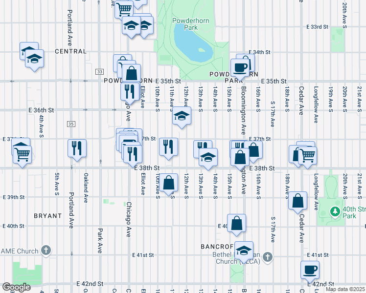 map of restaurants, bars, coffee shops, grocery stores, and more near 3712 12th Avenue South in Minneapolis