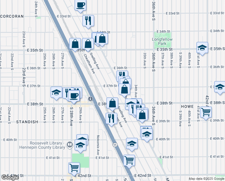 map of restaurants, bars, coffee shops, grocery stores, and more near 3715 Snelling Avenue in Minneapolis