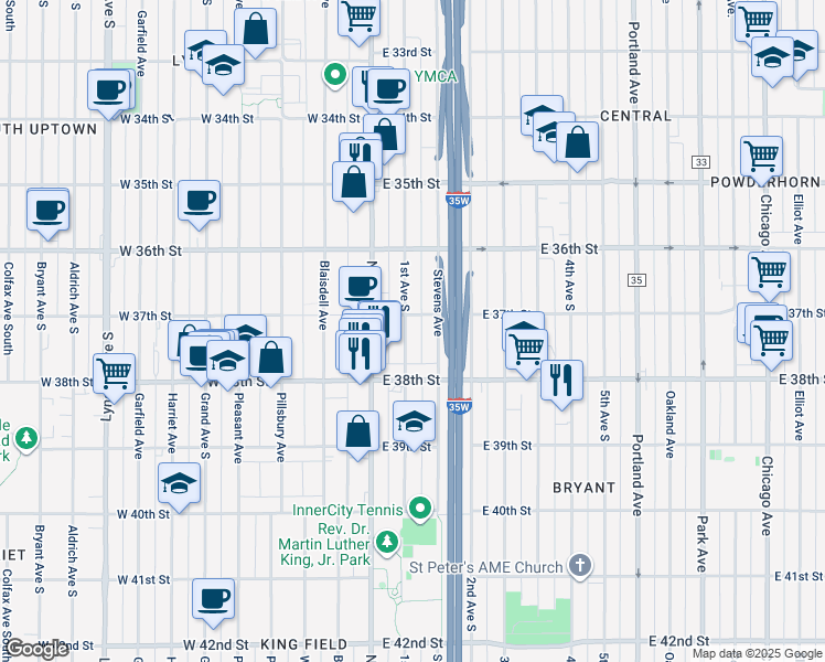 map of restaurants, bars, coffee shops, grocery stores, and more near 3711 1st Avenue South in Minneapolis