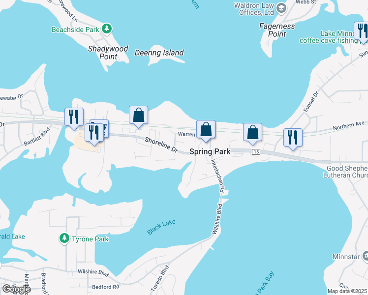 map of restaurants, bars, coffee shops, grocery stores, and more near 4372 Shoreline Drive in Spring Park