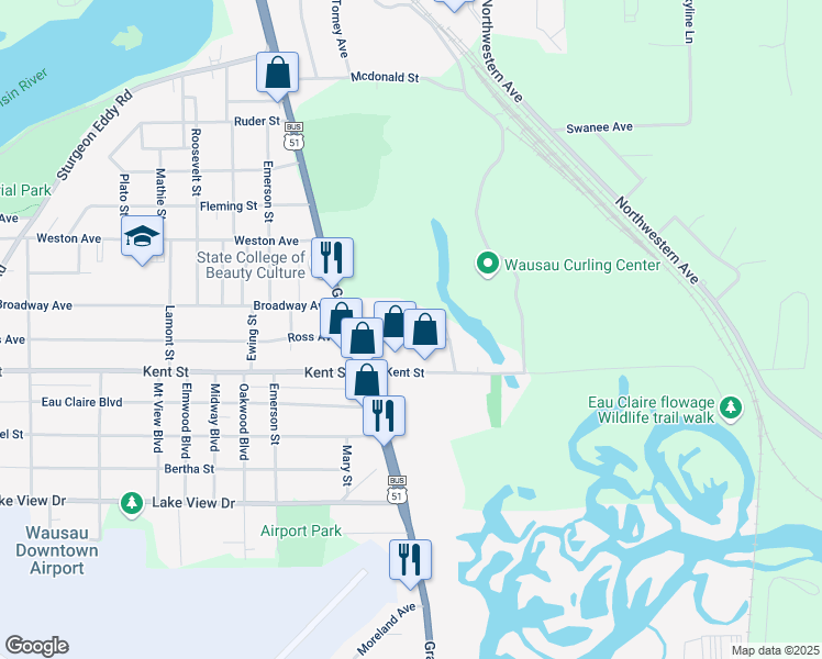 map of restaurants, bars, coffee shops, grocery stores, and more near 214 East Ross Avenue in Wausau
