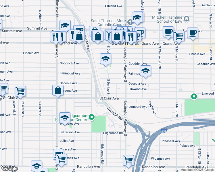 map of restaurants, bars, coffee shops, grocery stores, and more near 195 South Dunlap Street in Saint Paul