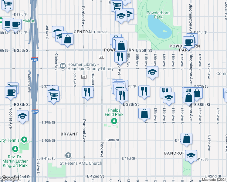 map of restaurants, bars, coffee shops, grocery stores, and more near 3708 Columbus Avenue in Minneapolis