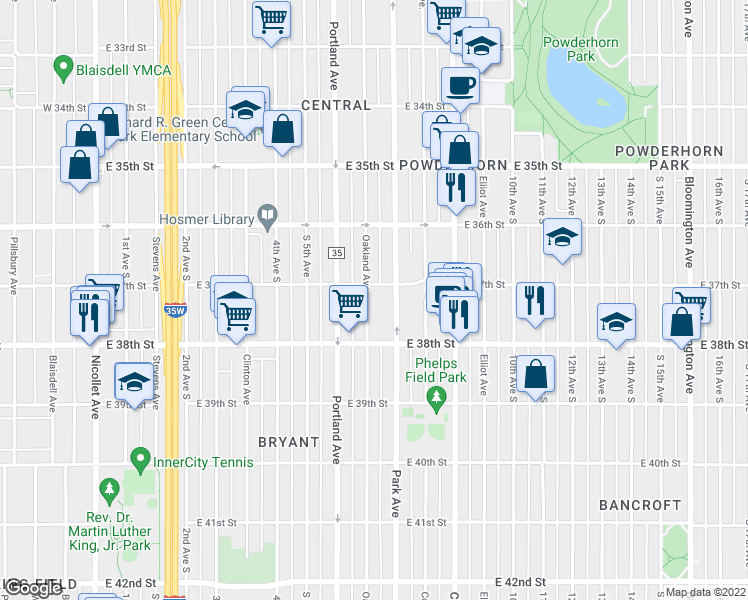map of restaurants, bars, coffee shops, grocery stores, and more near 3708 Park Avenue in Minneapolis