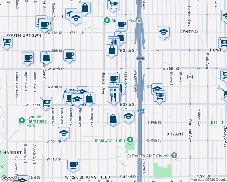 map of restaurants, bars, coffee shops, grocery stores, and more near 3715 Blaisdell Avenue in Minneapolis