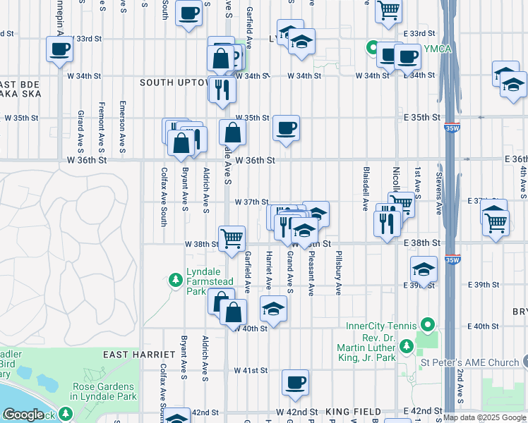 map of restaurants, bars, coffee shops, grocery stores, and more near 3715 Garfield Avenue in Minneapolis