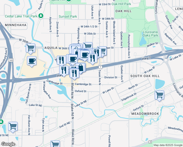 map of restaurants, bars, coffee shops, grocery stores, and more near 8115 Minnesota 7 in St. Louis Park