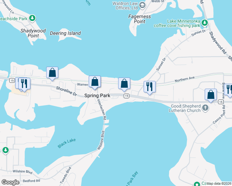 map of restaurants, bars, coffee shops, grocery stores, and more near 4244 Shoreline Drive in Spring Park