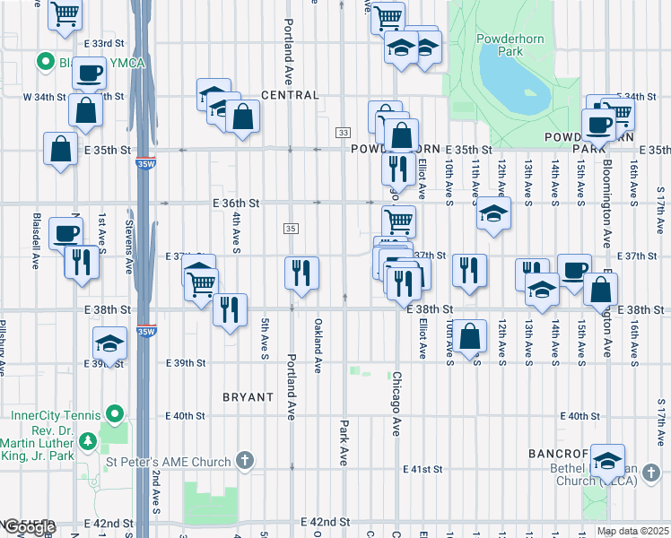 map of restaurants, bars, coffee shops, grocery stores, and more near 3708 Park Avenue in Minneapolis