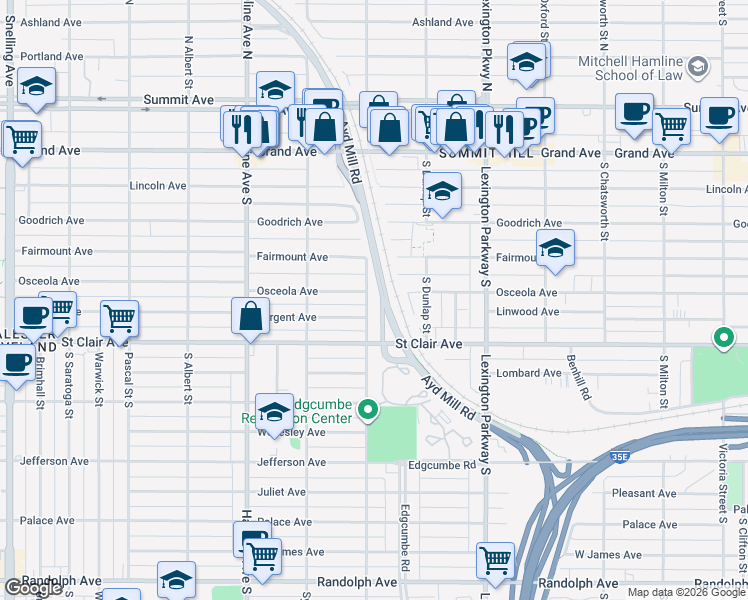 map of restaurants, bars, coffee shops, grocery stores, and more near 198 Griggs Street South in Saint Paul