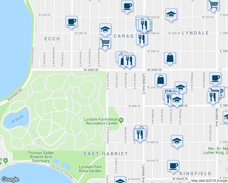 map of restaurants, bars, coffee shops, grocery stores, and more near 3708 Colfax Avenue South in Minneapolis