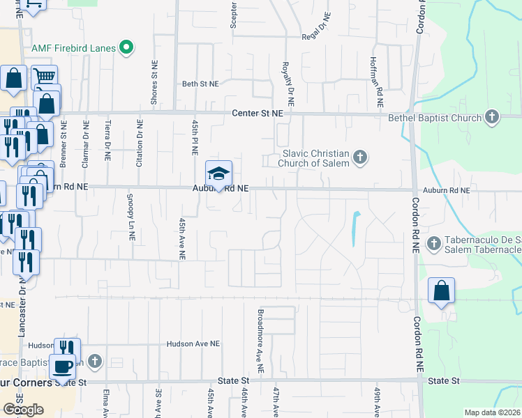 map of restaurants, bars, coffee shops, grocery stores, and more near 492 Kay Lynn Way Northeast in Salem