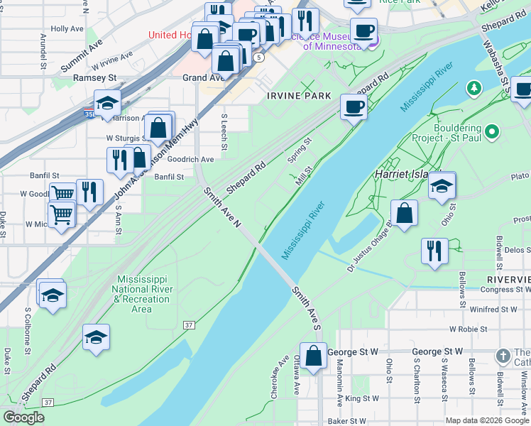 map of restaurants, bars, coffee shops, grocery stores, and more near 200 Wilkin Street in Saint Paul