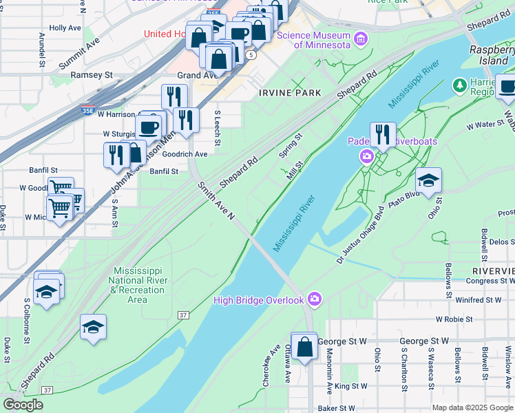 map of restaurants, bars, coffee shops, grocery stores, and more near 200 Wilkin St in St Paul