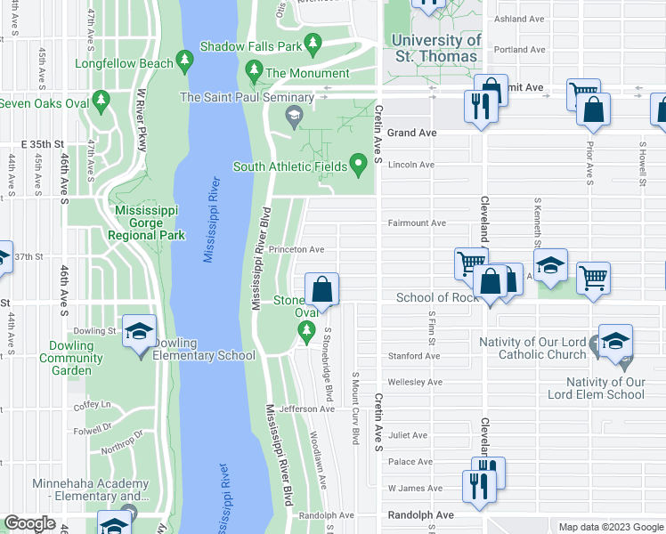 map of restaurants, bars, coffee shops, grocery stores, and more near 211 Mount Curve Boulevard in Saint Paul