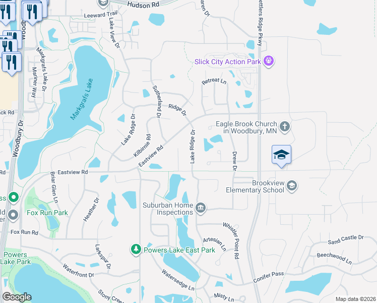 map of restaurants, bars, coffee shops, grocery stores, and more near 656 Lake Ridge Drive in Woodbury