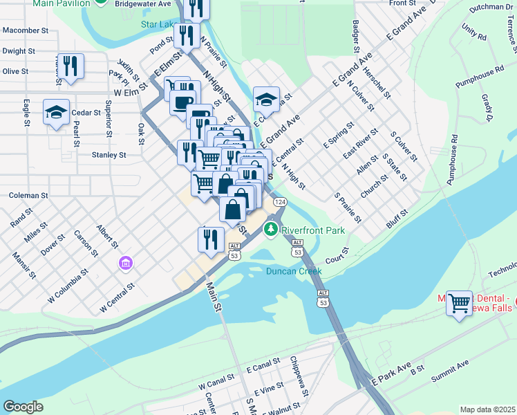map of restaurants, bars, coffee shops, grocery stores, and more near 10 West Spring Street in Chippewa Falls