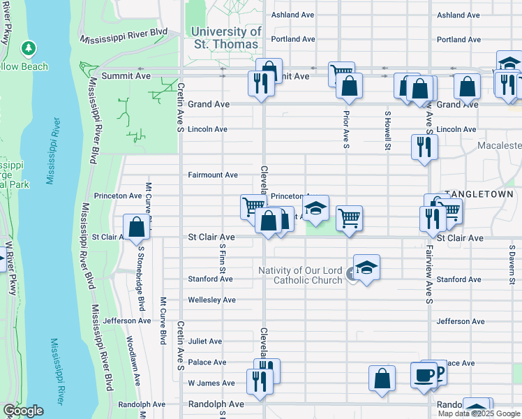 map of restaurants, bars, coffee shops, grocery stores, and more near 207 Cleveland Avenue South in Saint Paul