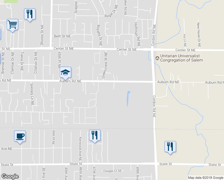 map of restaurants, bars, coffee shops, grocery stores, and more near 4810 Auburn Road Northeast in Salem