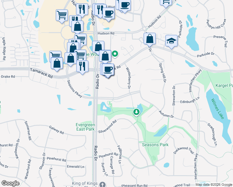 map of restaurants, bars, coffee shops, grocery stores, and more near 8642 Seasons Court in Woodbury